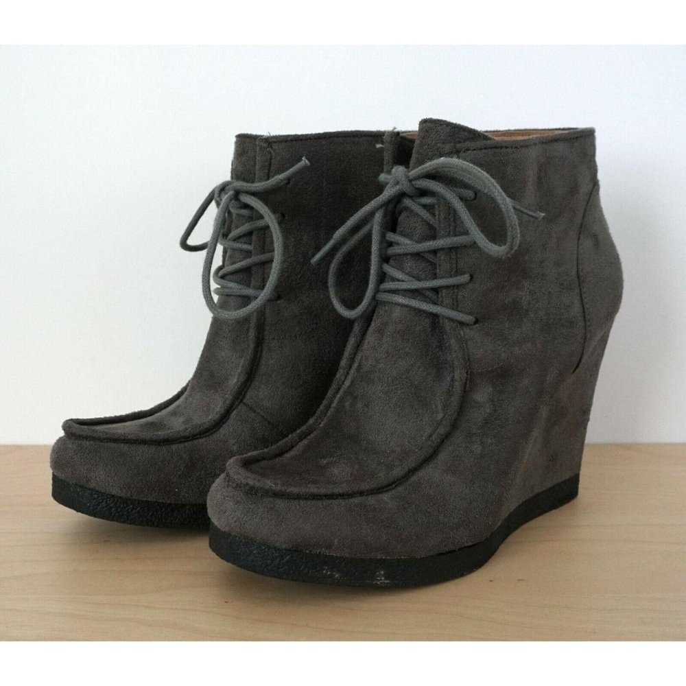 NINE WEST Gray Suede Lace Up Wedge Ankle Boots - Picture 3 of 8